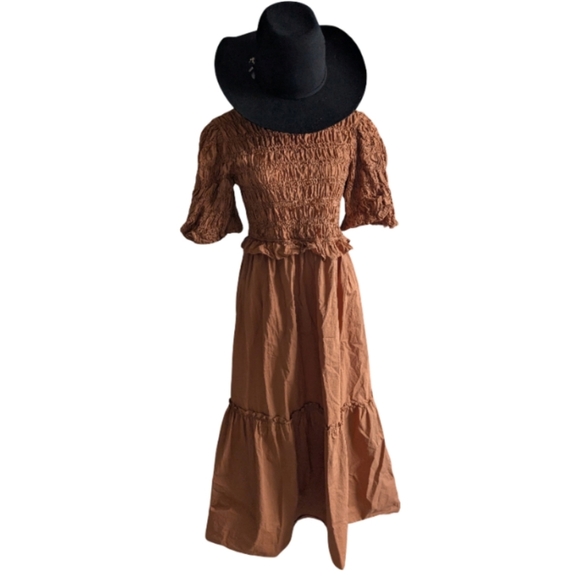 Anthropologie Moon River Caramel Smocked Midi Dress Puff Sleeve M - Picture 14 of 15